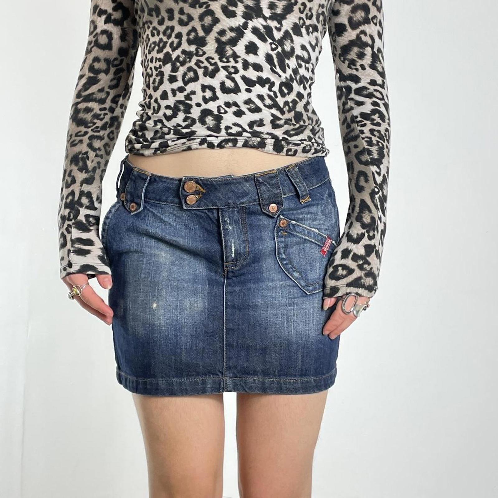 Y2k denim navy stone washed mini skirt with cool patch on the back
