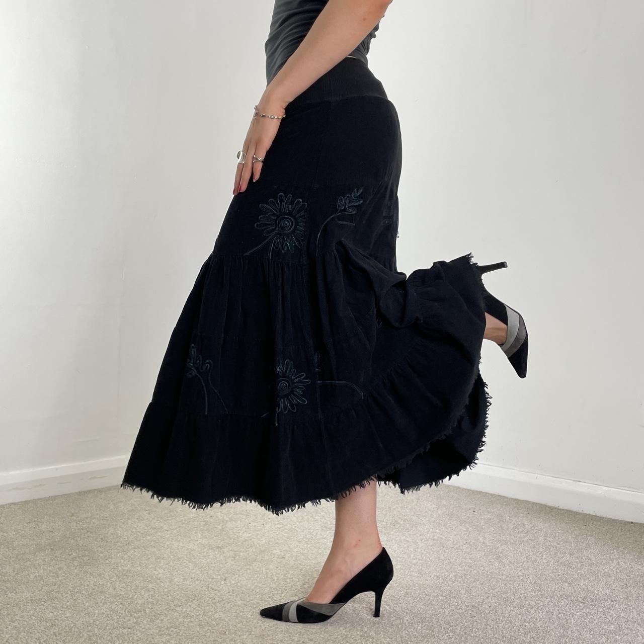 Vintage full length teired black cordorouy embroided skirt