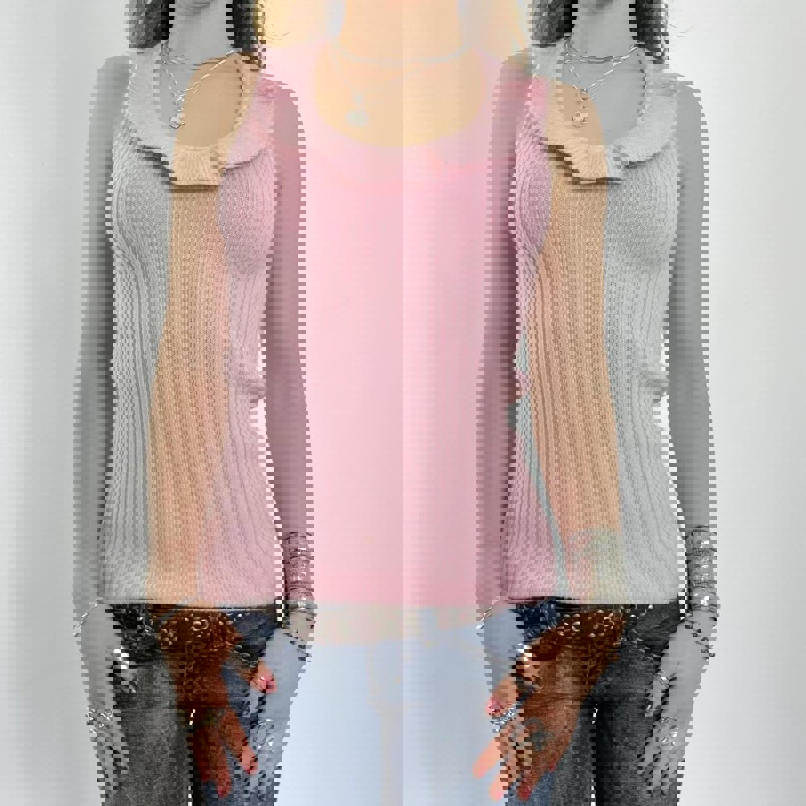 00's baby pink ribbed cammi top with lettuce hem and matching balero cardigan top