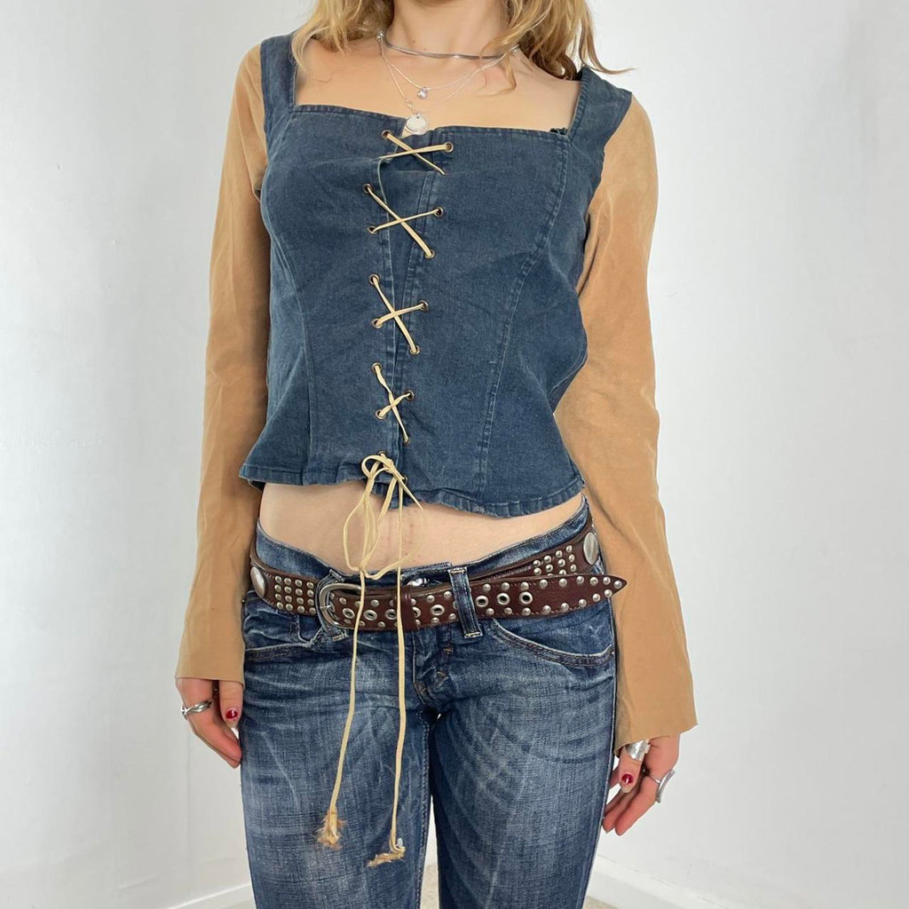 Denim and suede mustard long sleeve tie up top