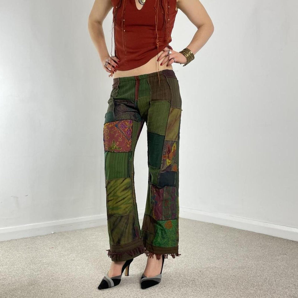 Patchwork low rise flared bohemian trousers