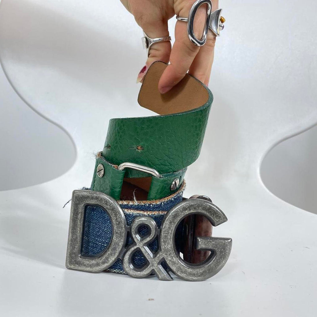 Dolce & Gabbana green and denim vintage silver buckle spell out belt