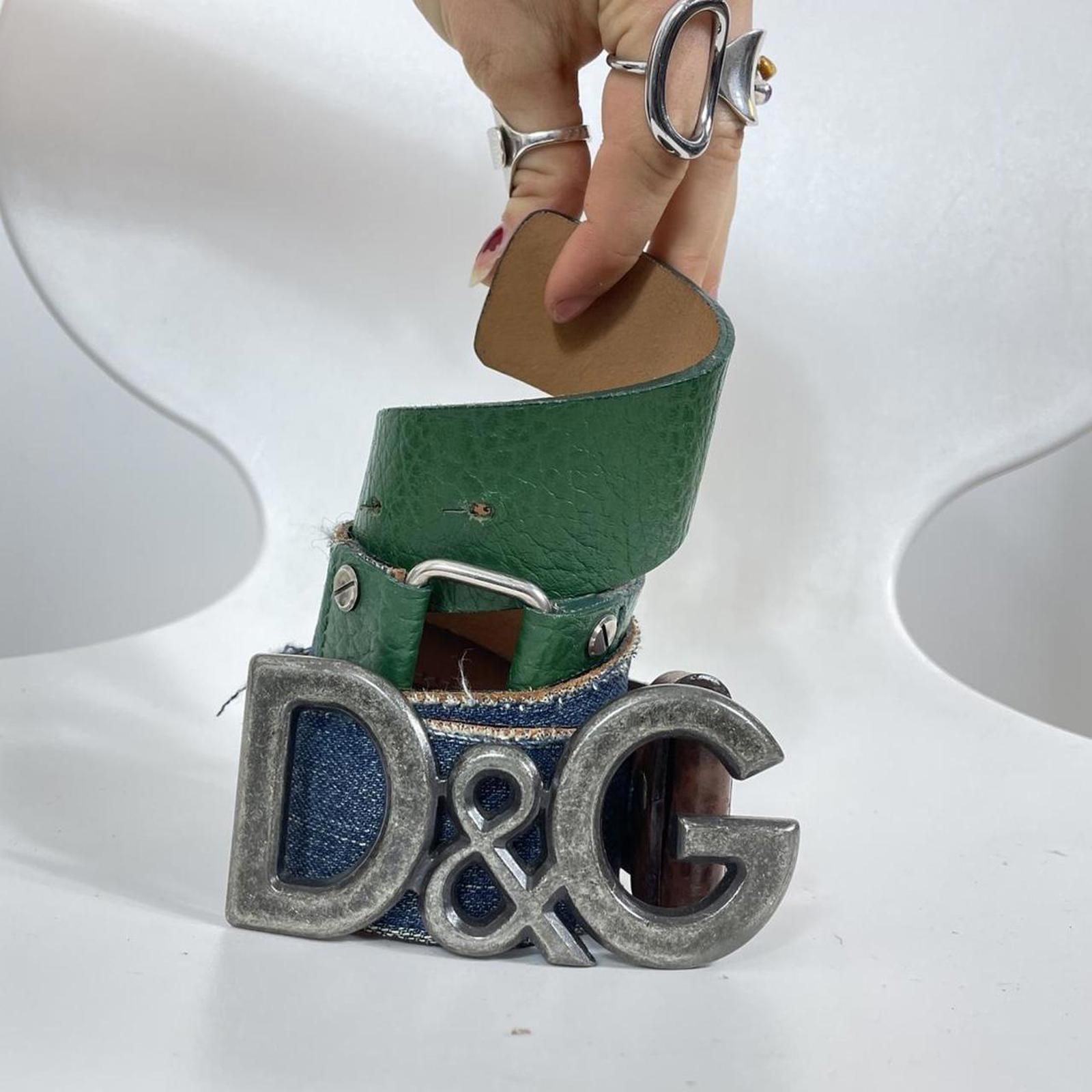 Dolce & Gabbana green and denim vintage silver buckle spell out belt