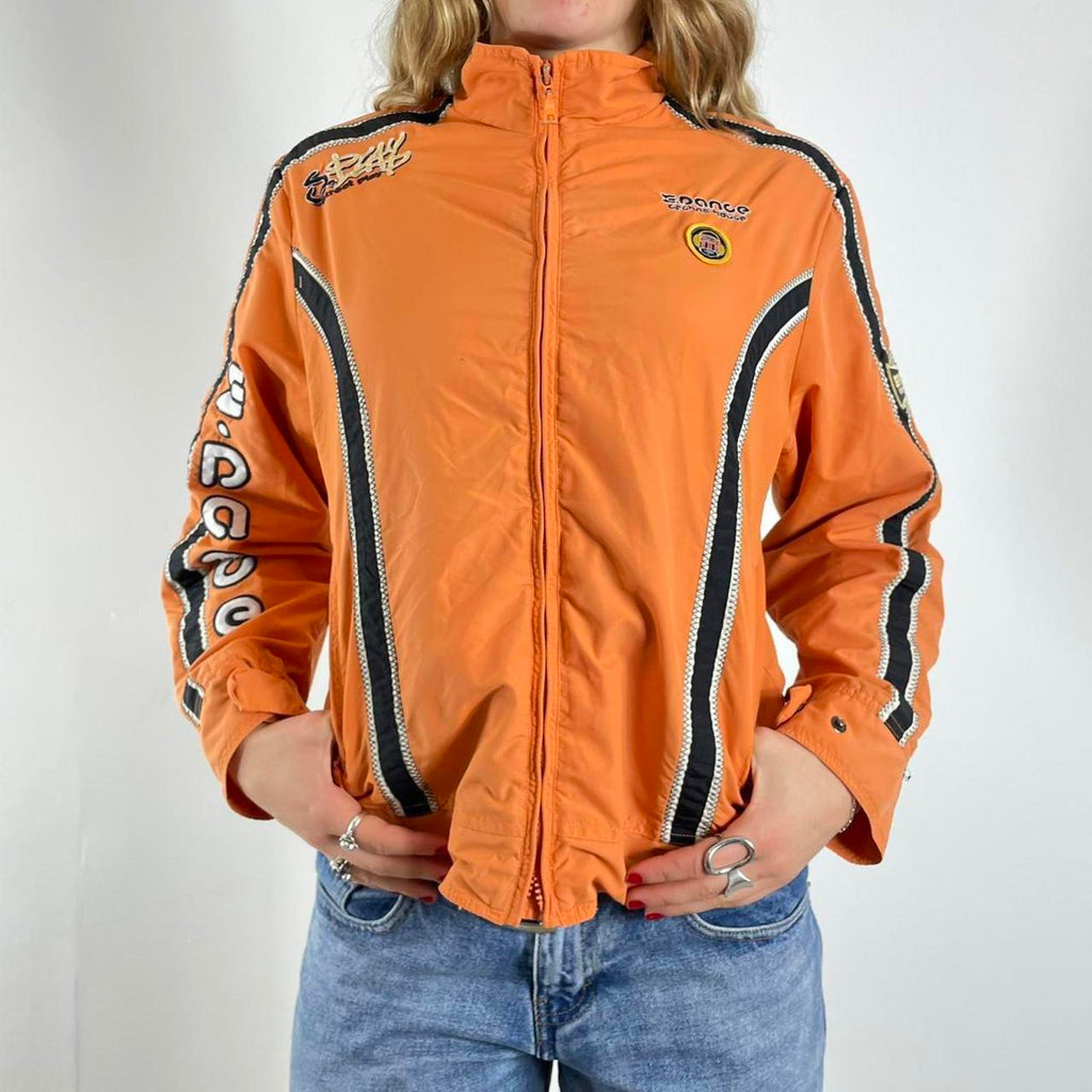 Orange racer windbreaker jacket with graphic detailing