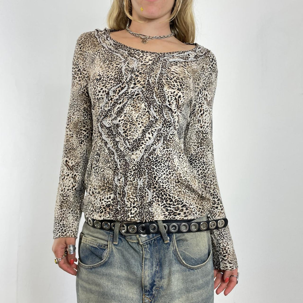 Brown textured long sleeve leopard print top