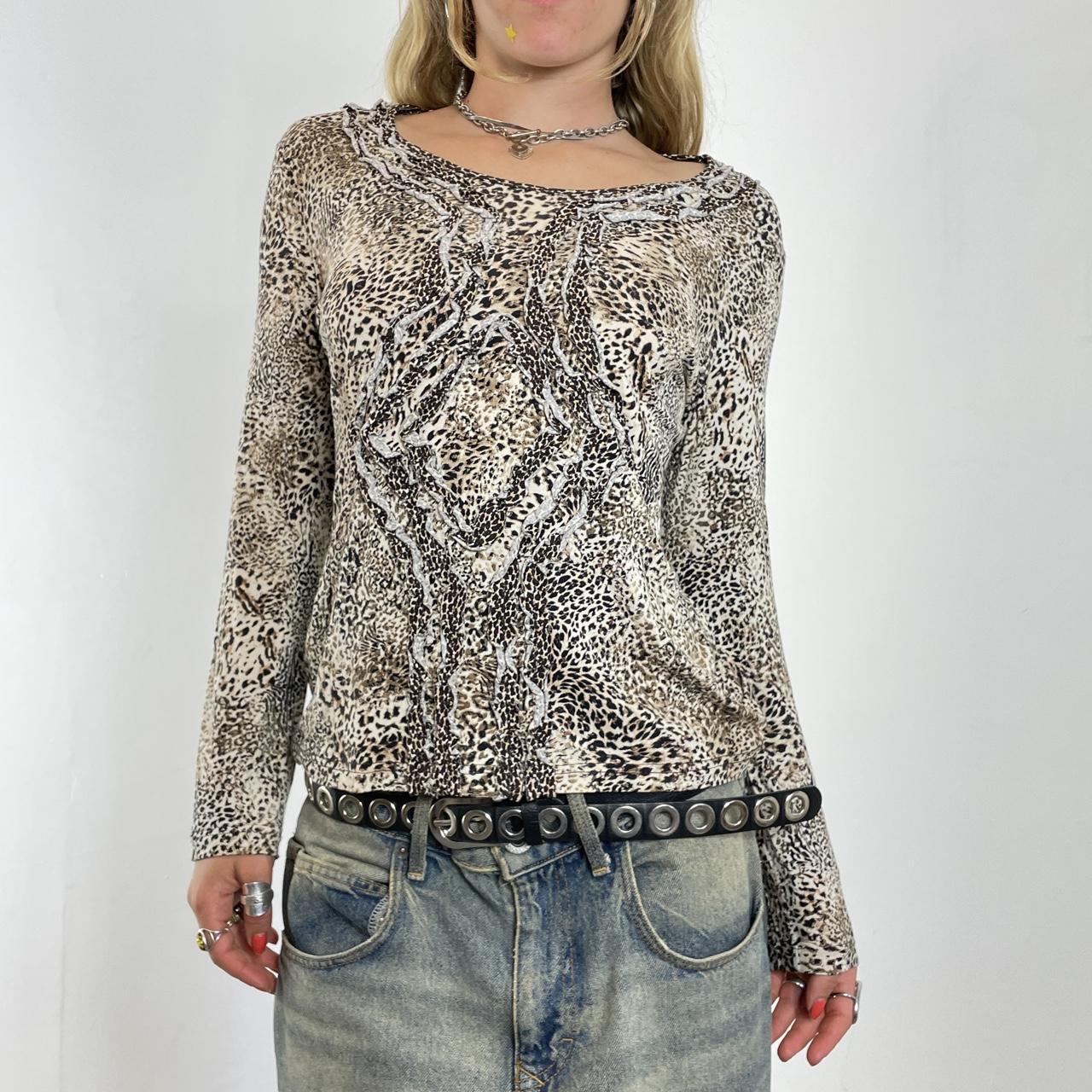 Brown textured long sleeve leopard print top