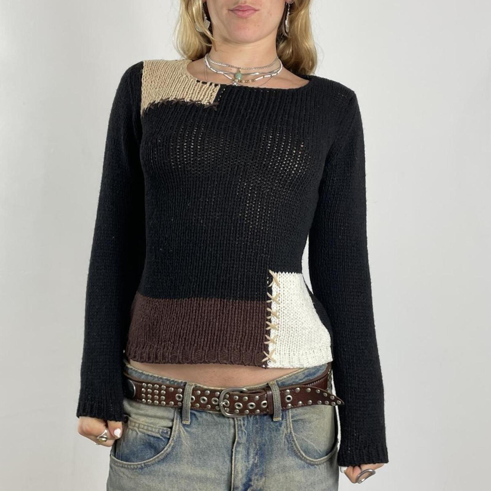Vintage patchwork black and beige knitted jumper