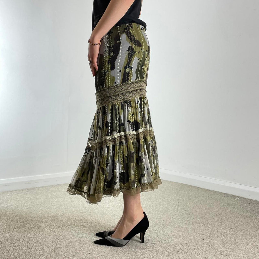 Bohemian green lace and mesh layred maxi skirt
