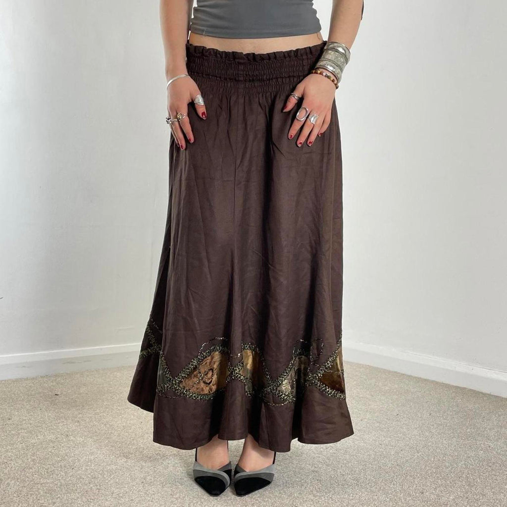 Vintage brown full length maxi skirt with embelished and embroided details across the hem
