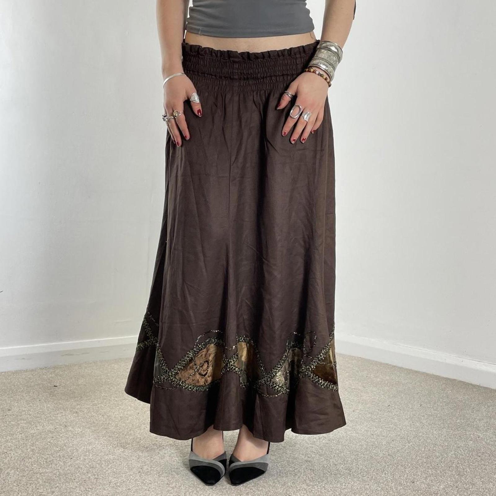 Vintage brown full length maxi skirt with embelished and embroided details across the hem
