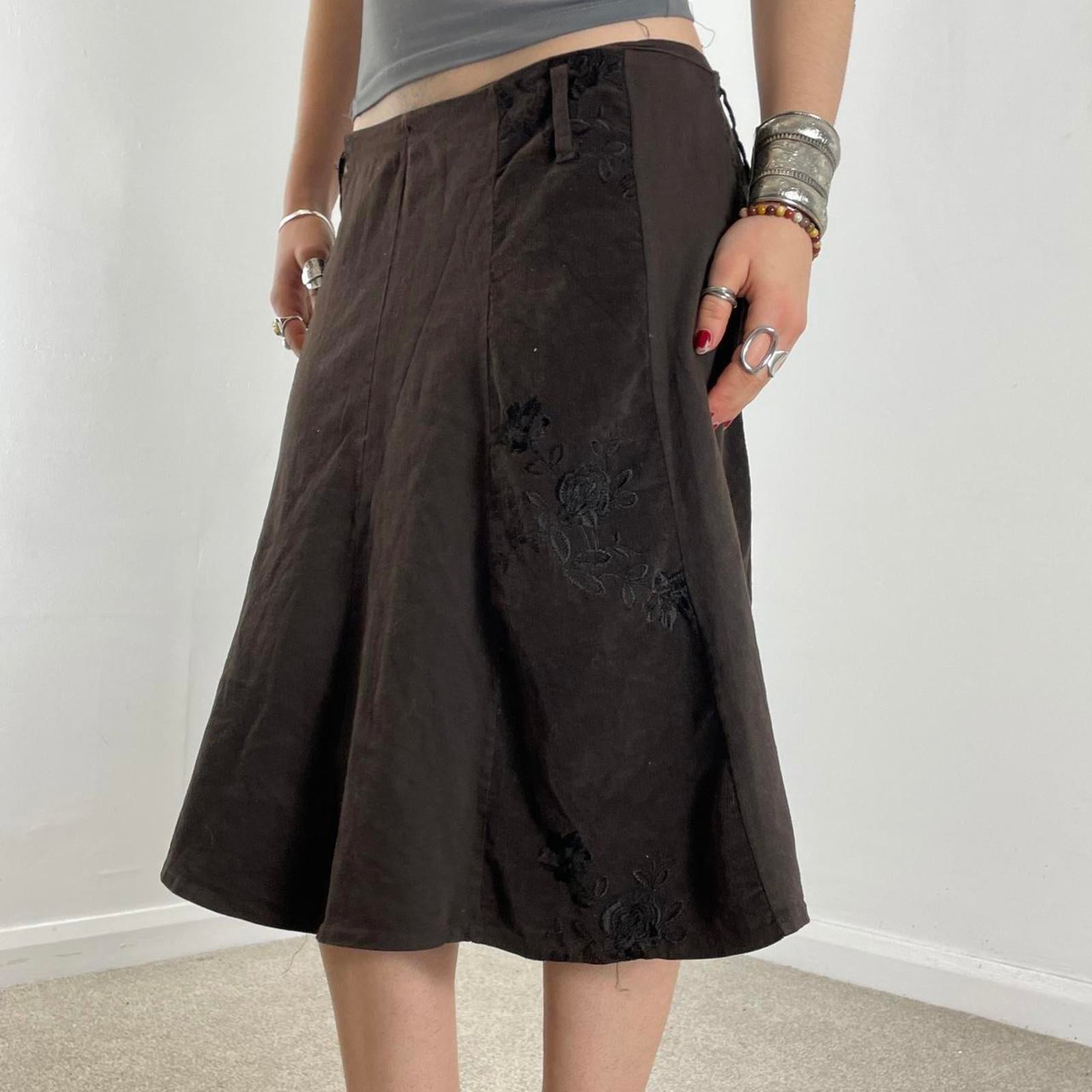 00's brown panelled floral embroided midi skirt