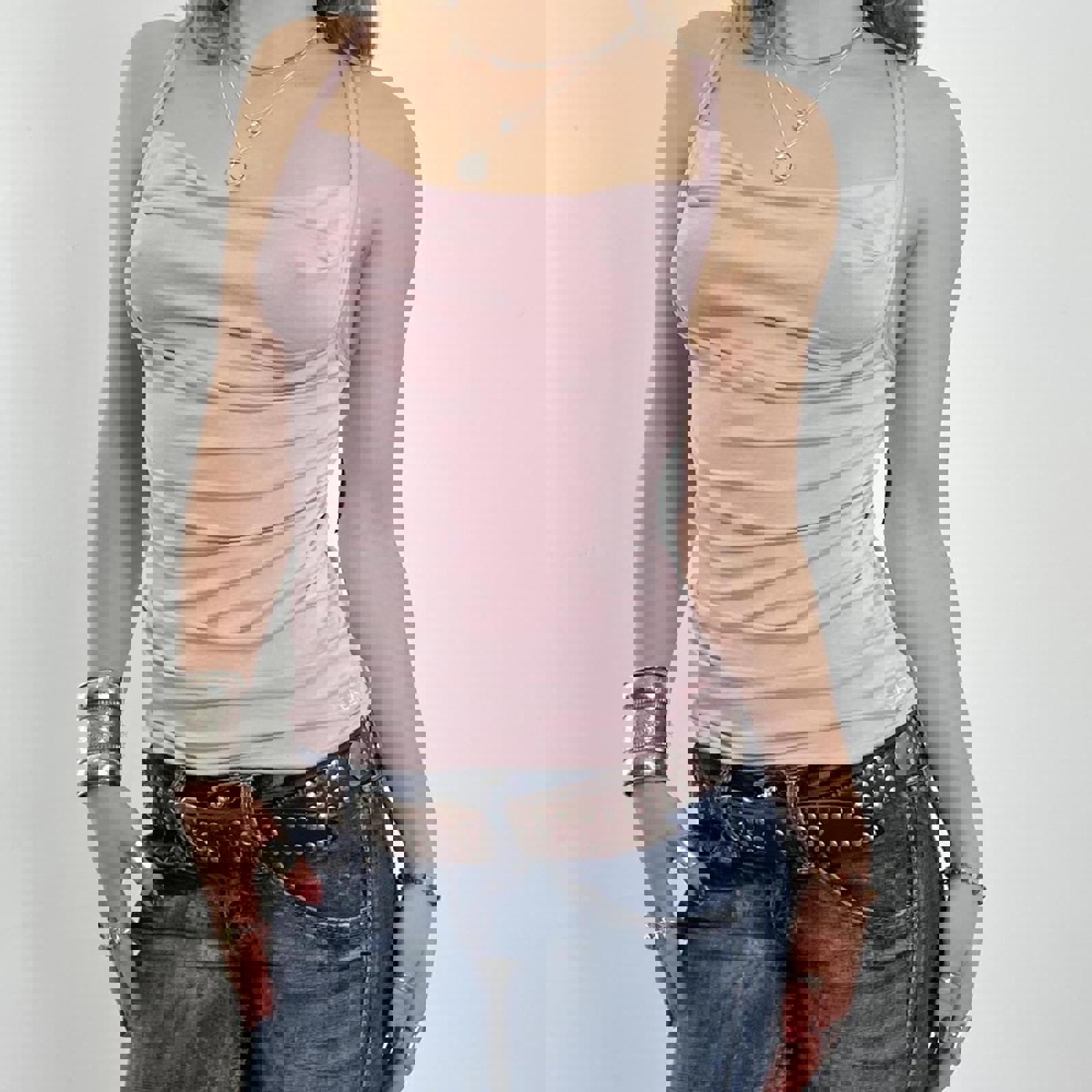 00's Emporio Armani pink cowl neck cammi top with logo at the bottom