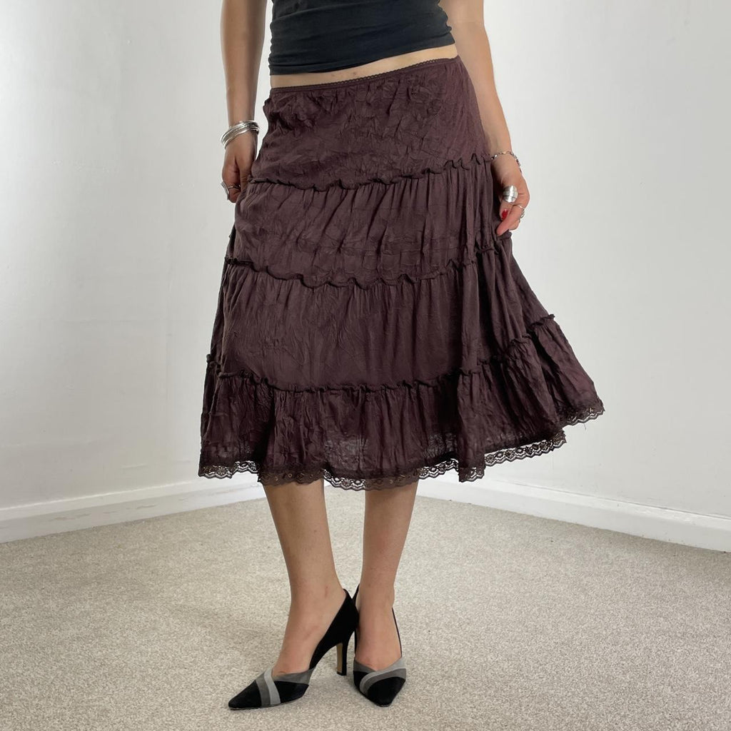 00's brown teird midi skirt with lace trimming