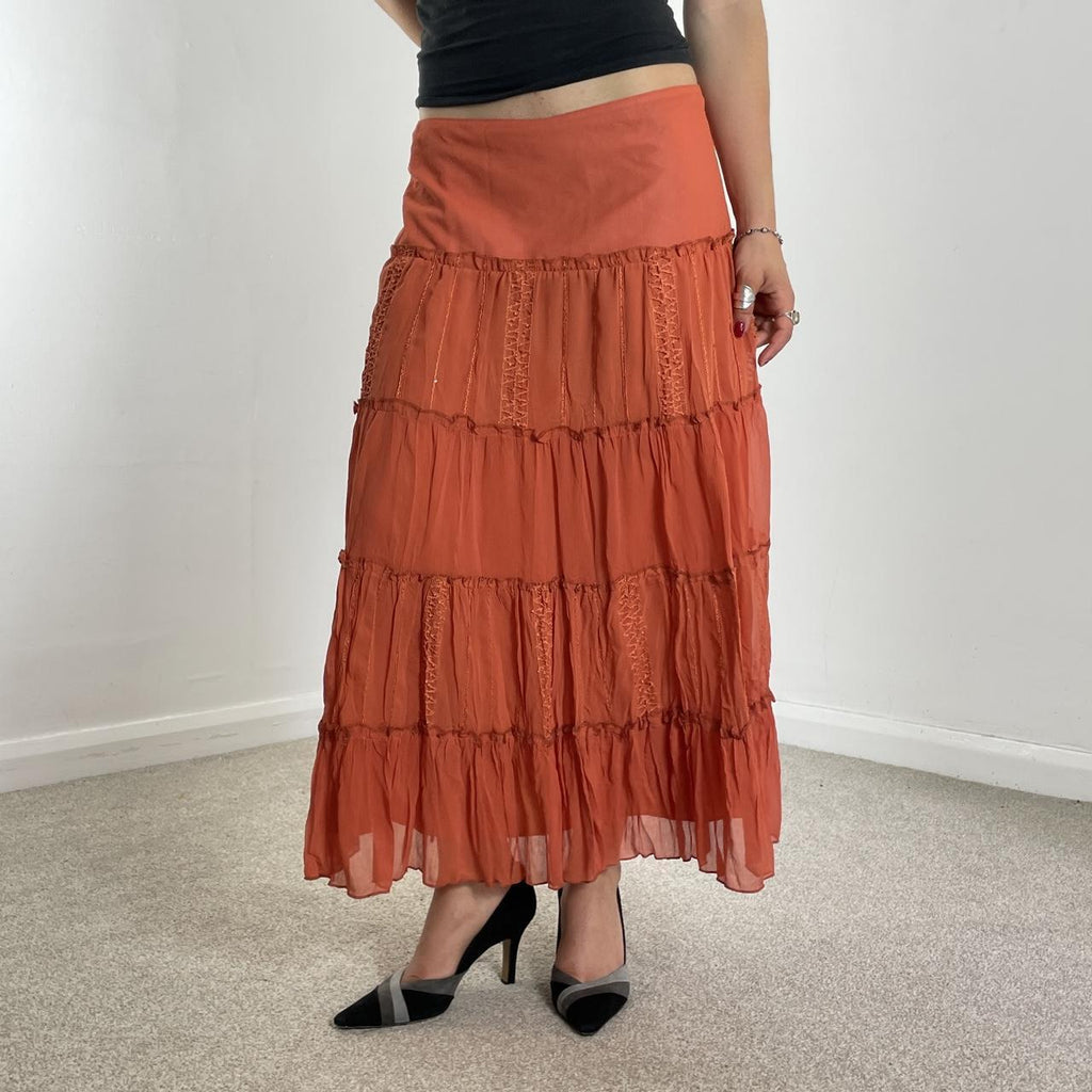 Vintage full length teired orange maxi skirt with embroided details double mesh