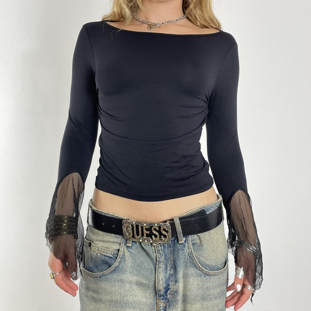Black boatneck long sleeve mesh top
