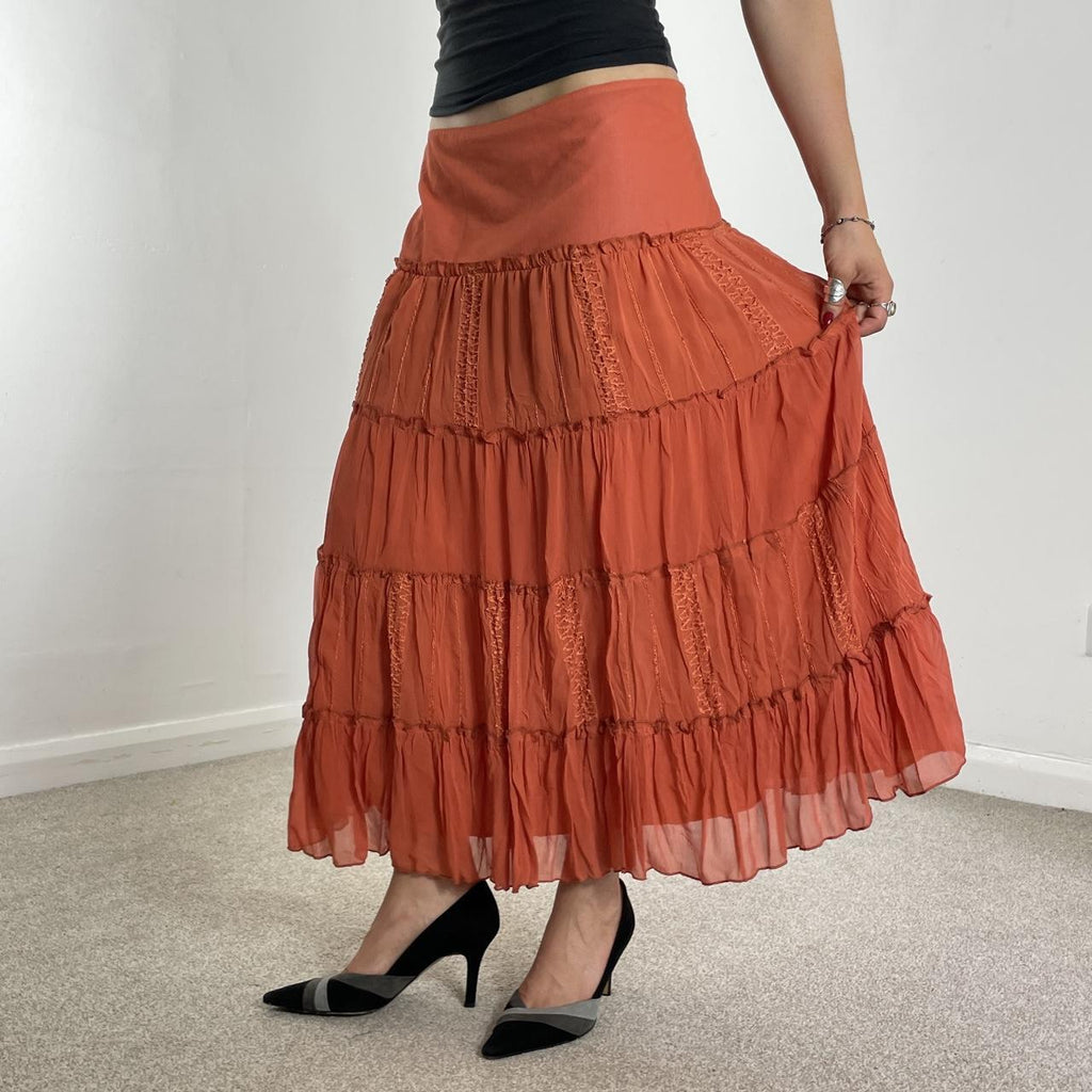 Vintage full length teired orange maxi skirt with embroided details double mesh
