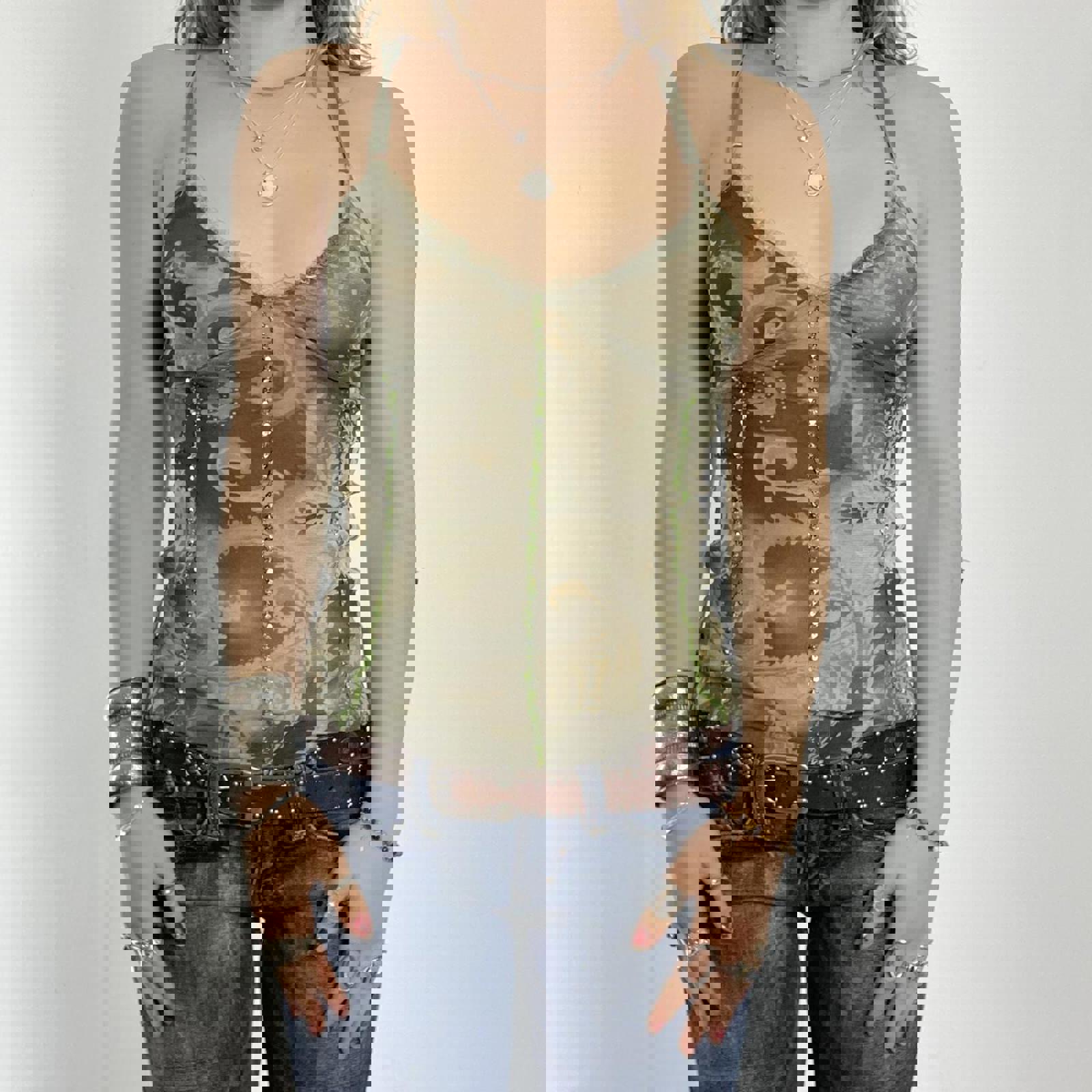 00's kahki mesh low cut cami with green sequin embroided stripes