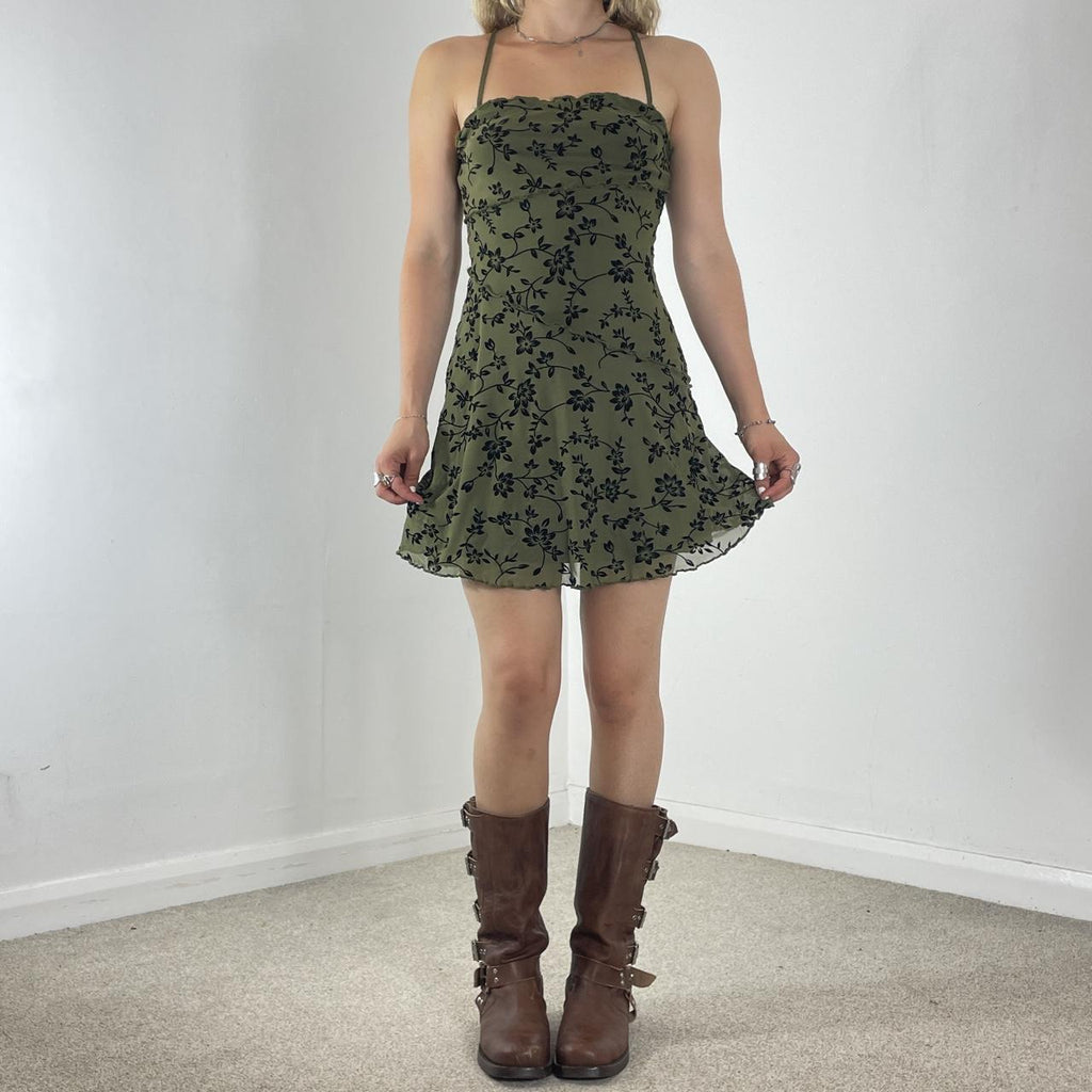 Mesh forest green and black pleated mini dress