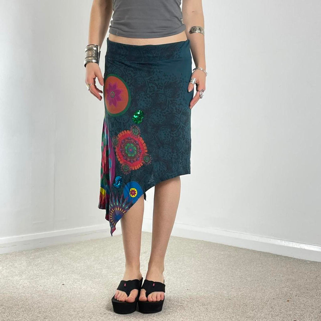 Teal green asymetrical graphic desigual skirt