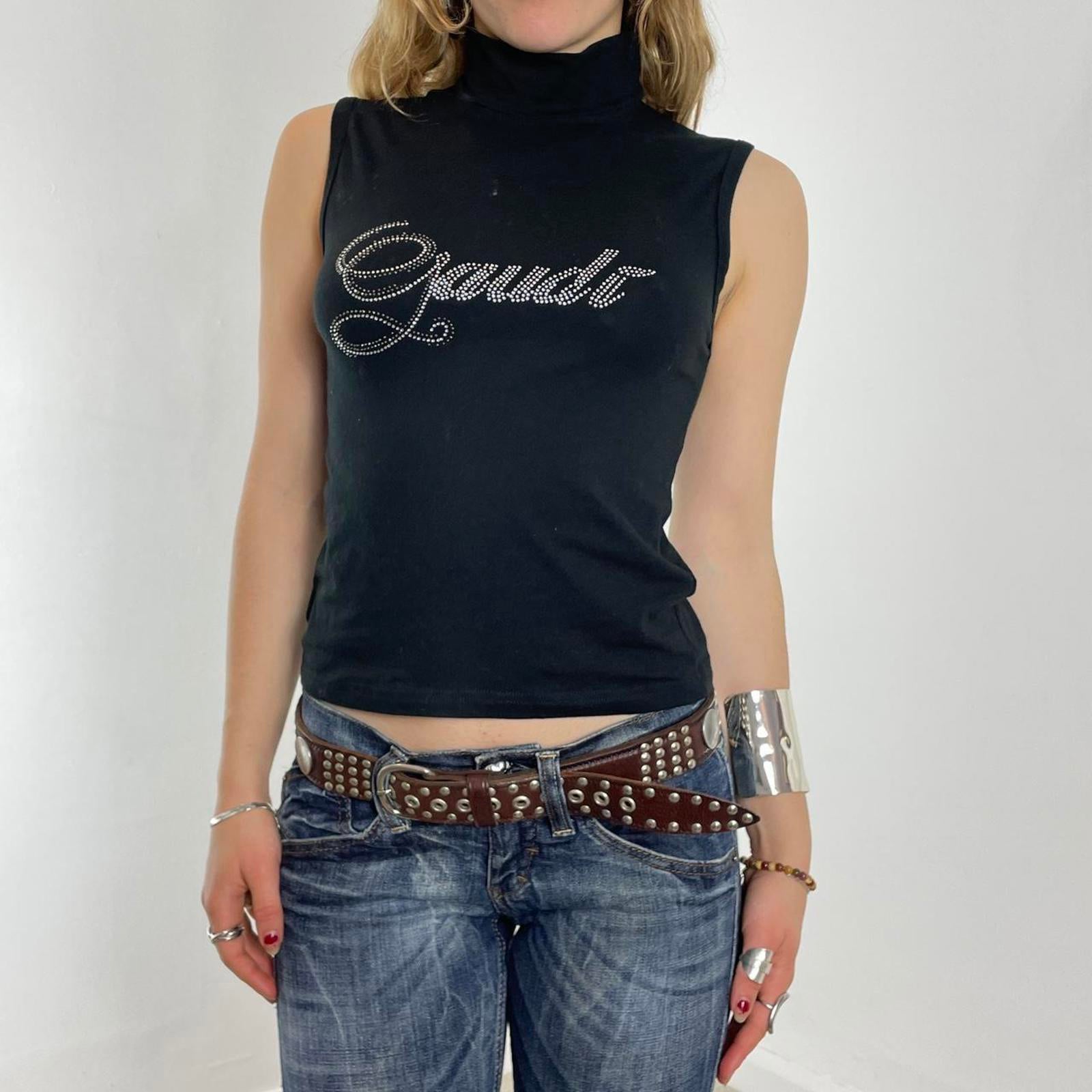 Y2K Silver and black gem Gaudi polar neck tank top