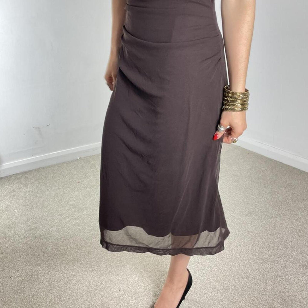 Vintage brown fitted mesh midi dress with sequin embellishments