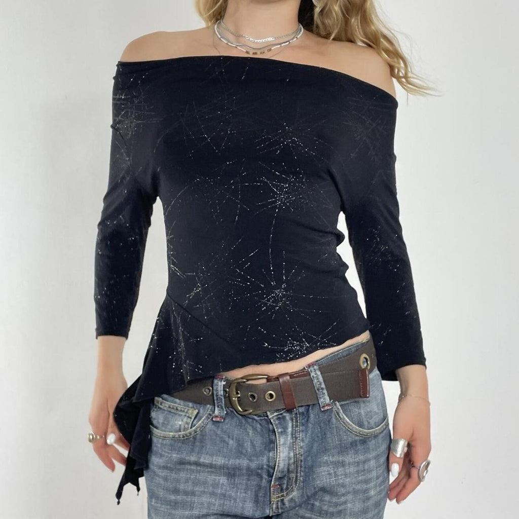 Black and silver asymmetrical cowl neck 3/4 length top