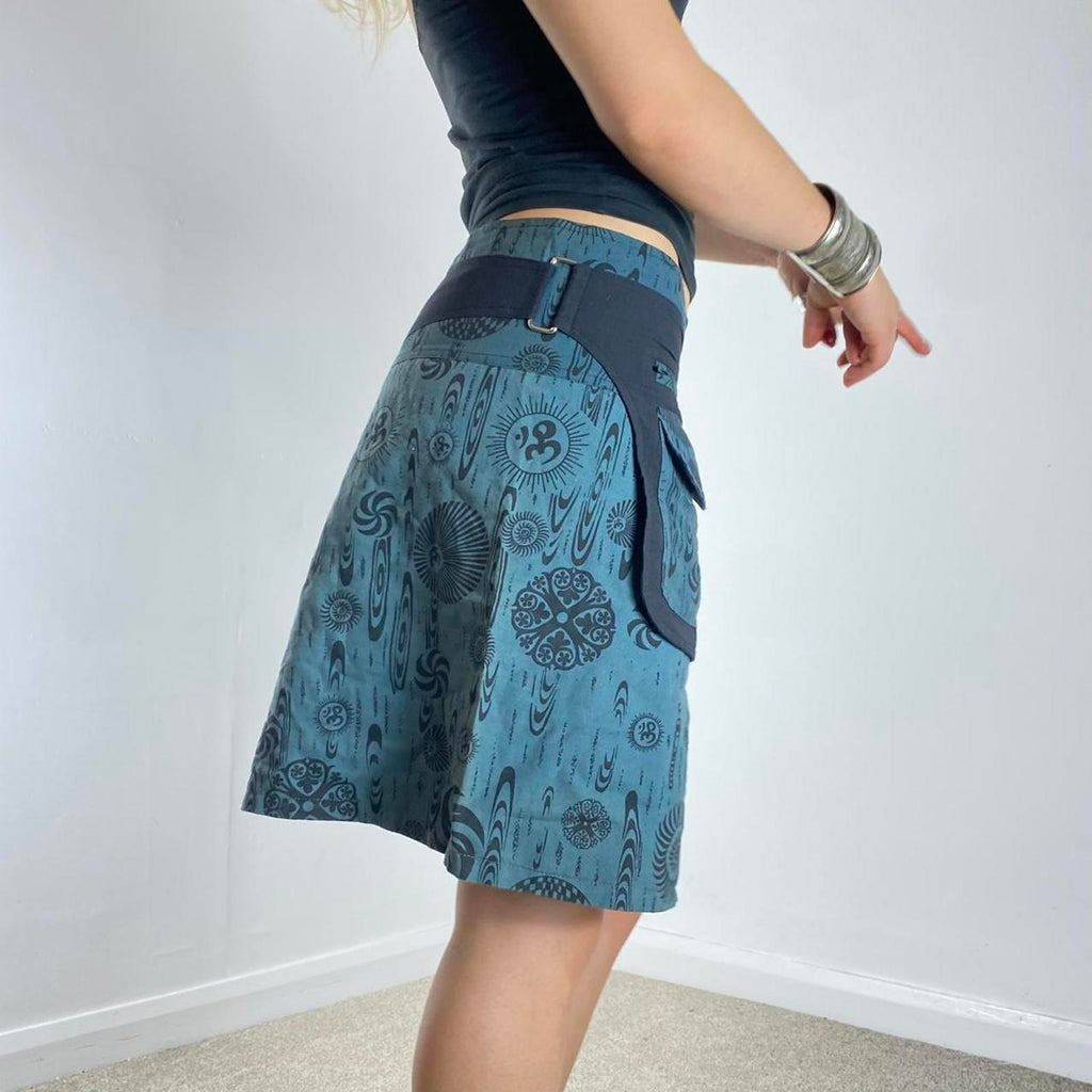 Y2K blue patterend wrap popper midi skirt, with utiltiy pockets
