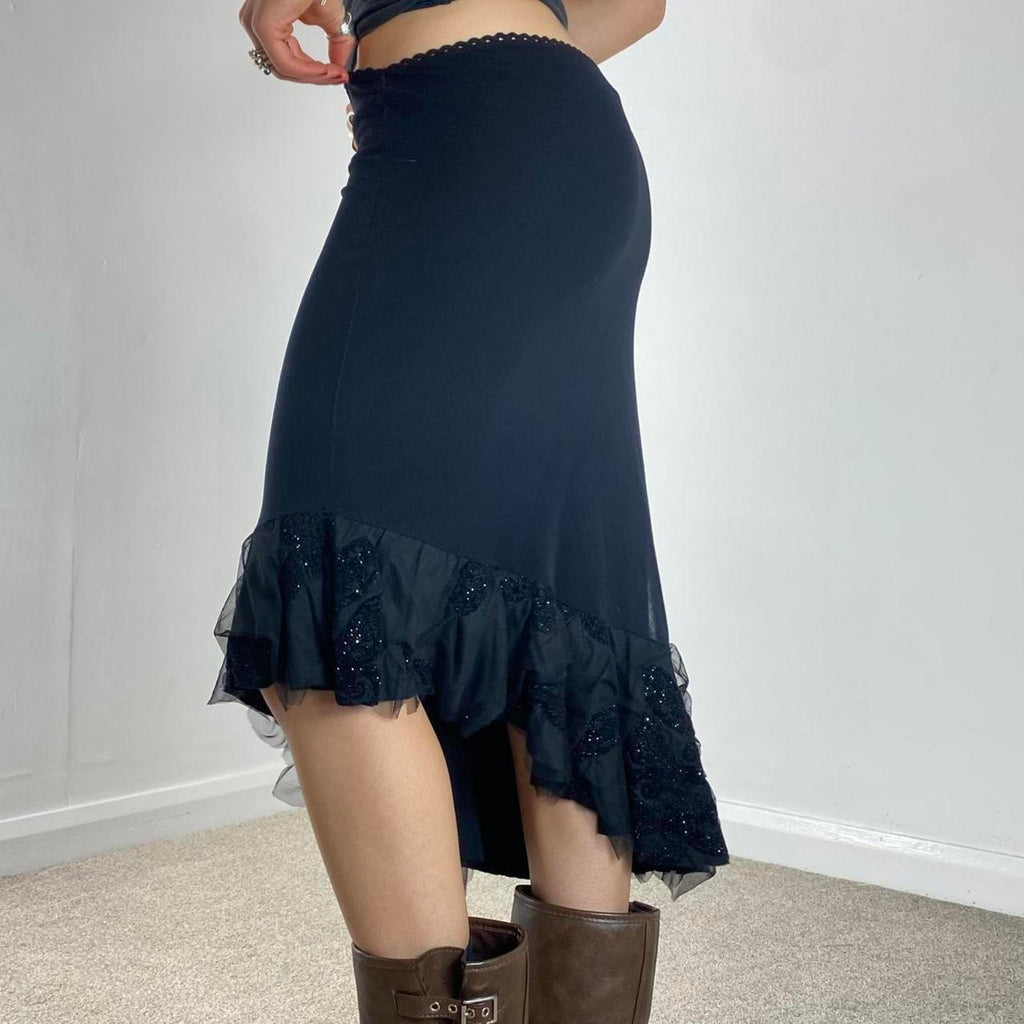 Vintage black asymetrical midi skirt sequined mesh details