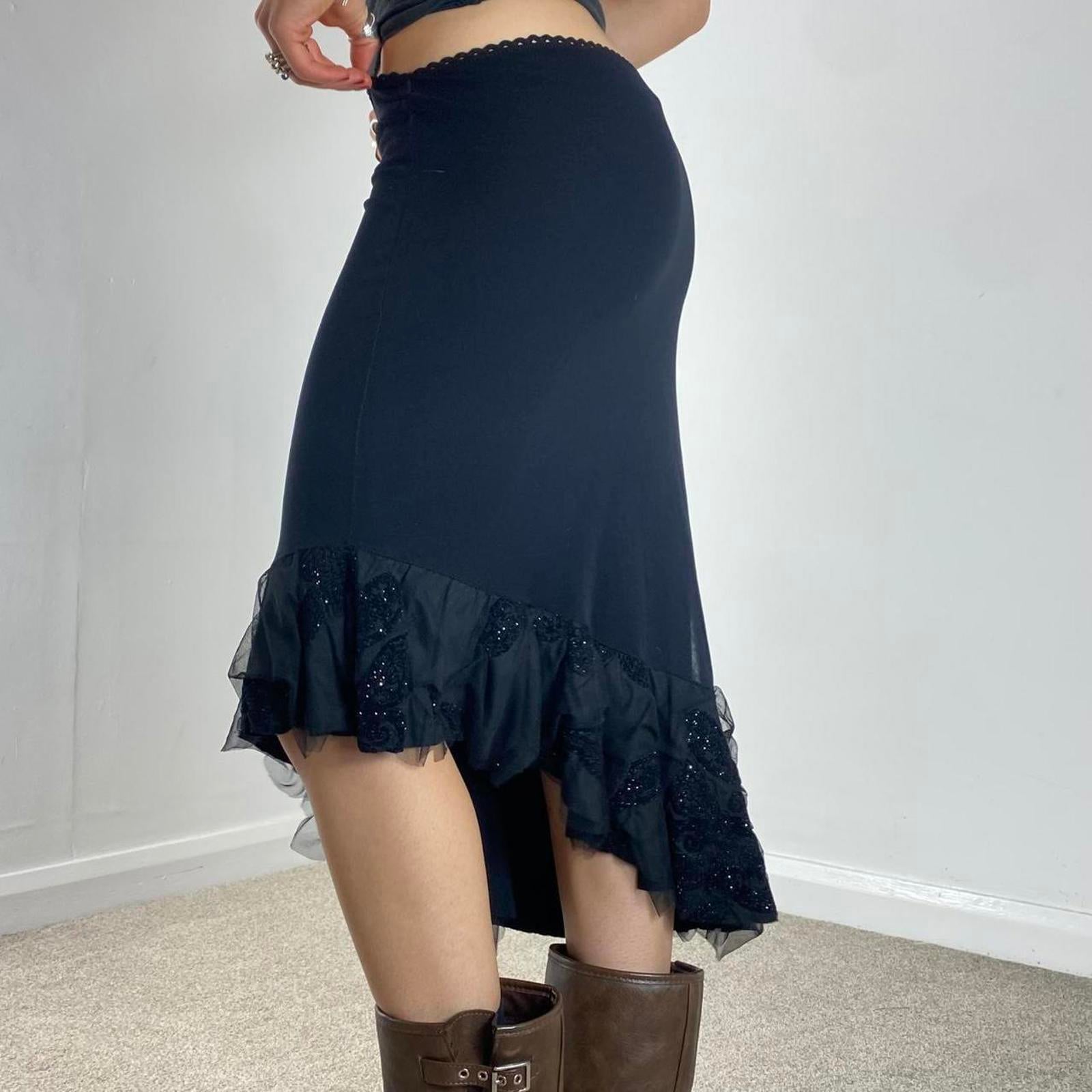 Vintage black asymetrical midi skirt sequined mesh details