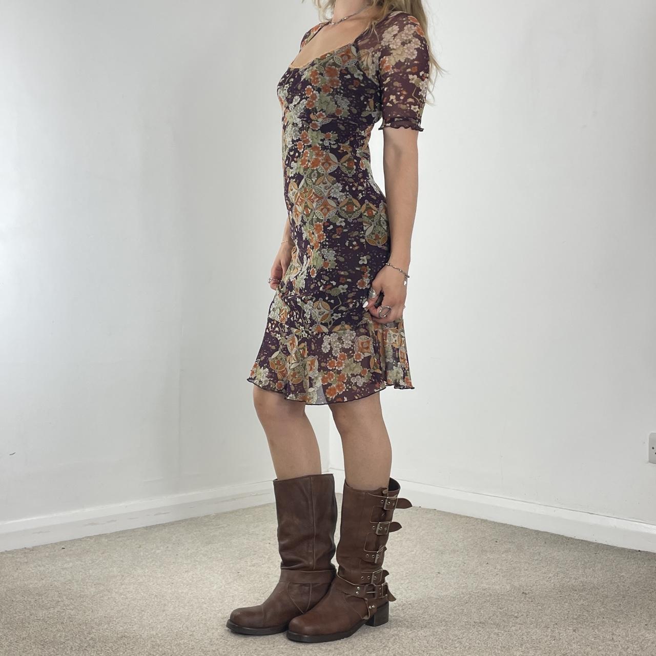 Mesh 3/4 length sleeve square neck midi dress