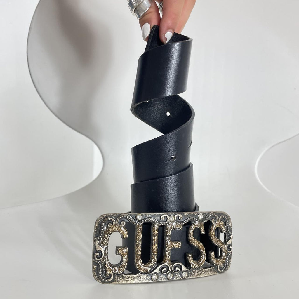 Guess silver chunky black leather belt