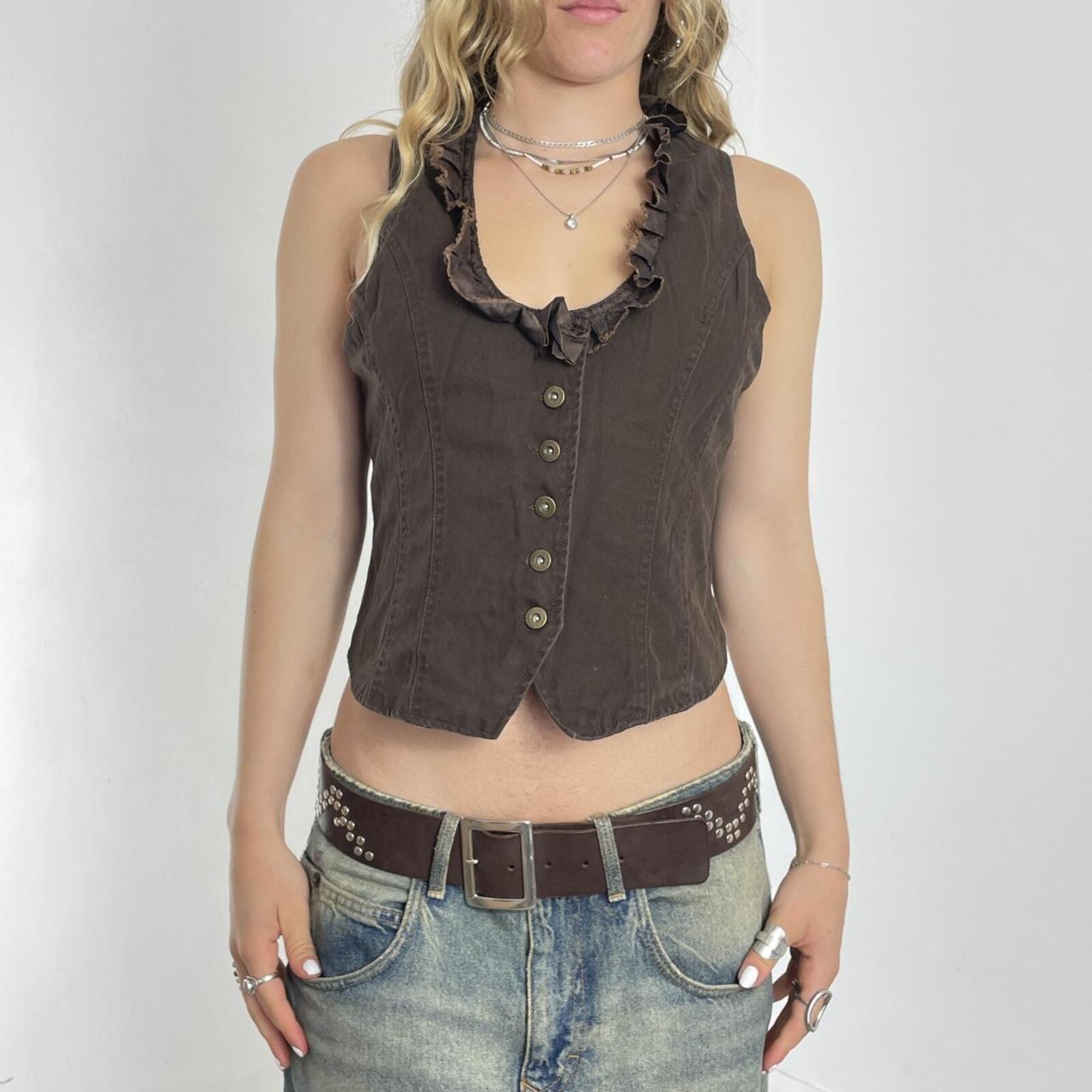Brown denim button up waistcoat with ruffles at the neckline