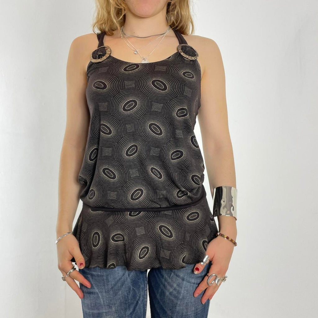 00's brown patterend longer top/dress with buckles at the top and thick brown wasit band