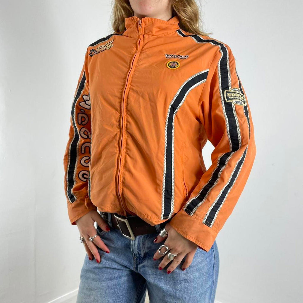 Orange racer windbreaker jacket with graphic detailing