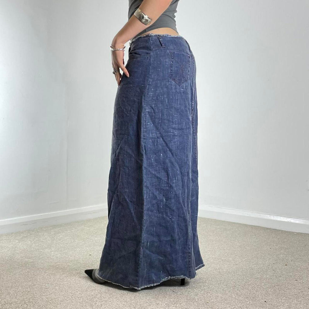 Navy blue loose flowy maxi skirt with a raw hem