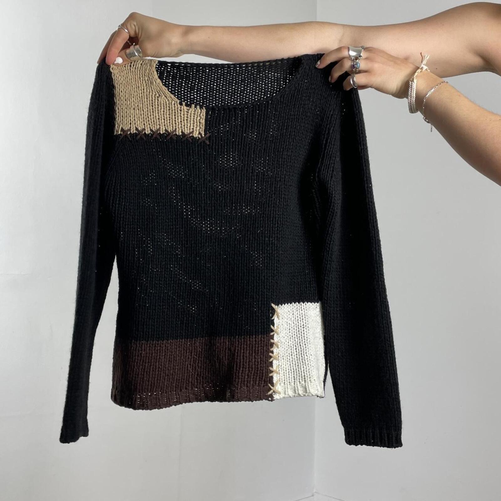 Vintage patchwork black and beige knitted jumper