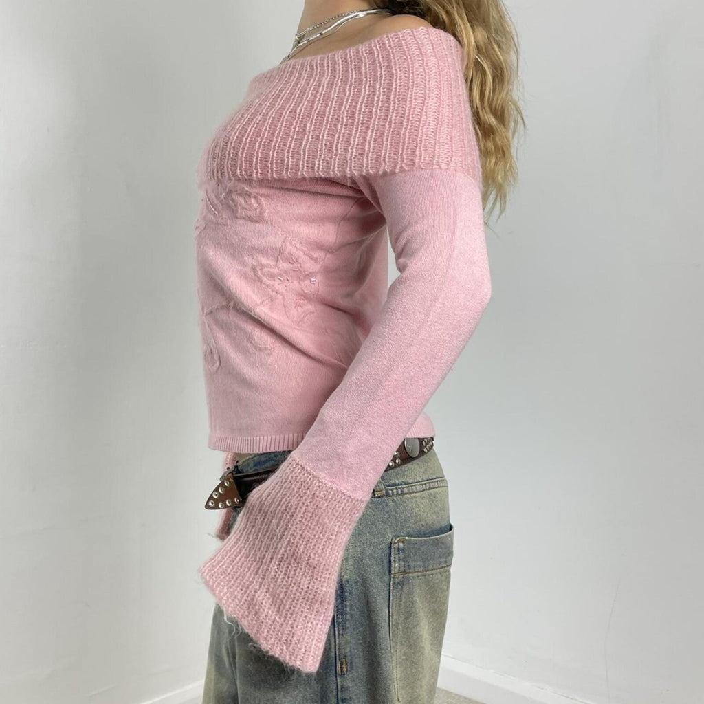 Pink embellished, crochet long sleeve top with beads