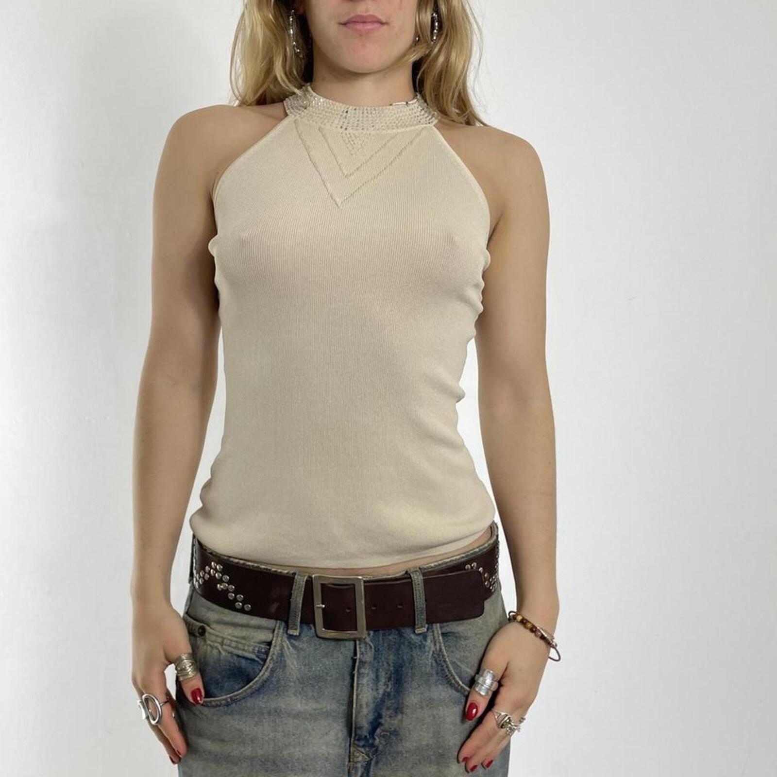 Beige fitted ribbed halter neck top with rhinestones