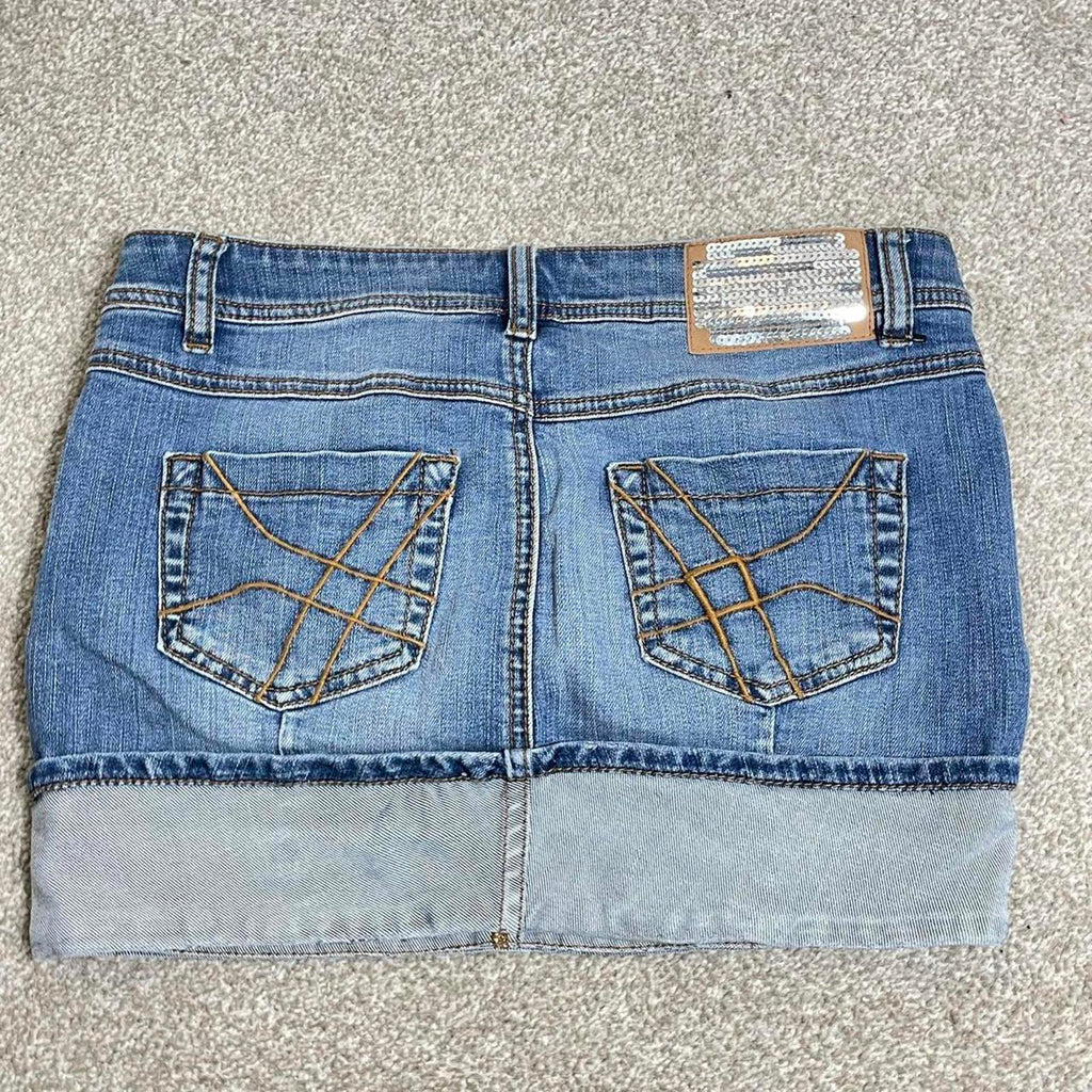 Y2k denim micro skirt with silver sequined patch at the back