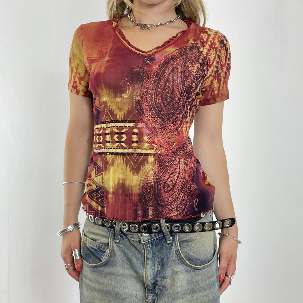 Mesh vintage red and multi coloured short sleeve top
