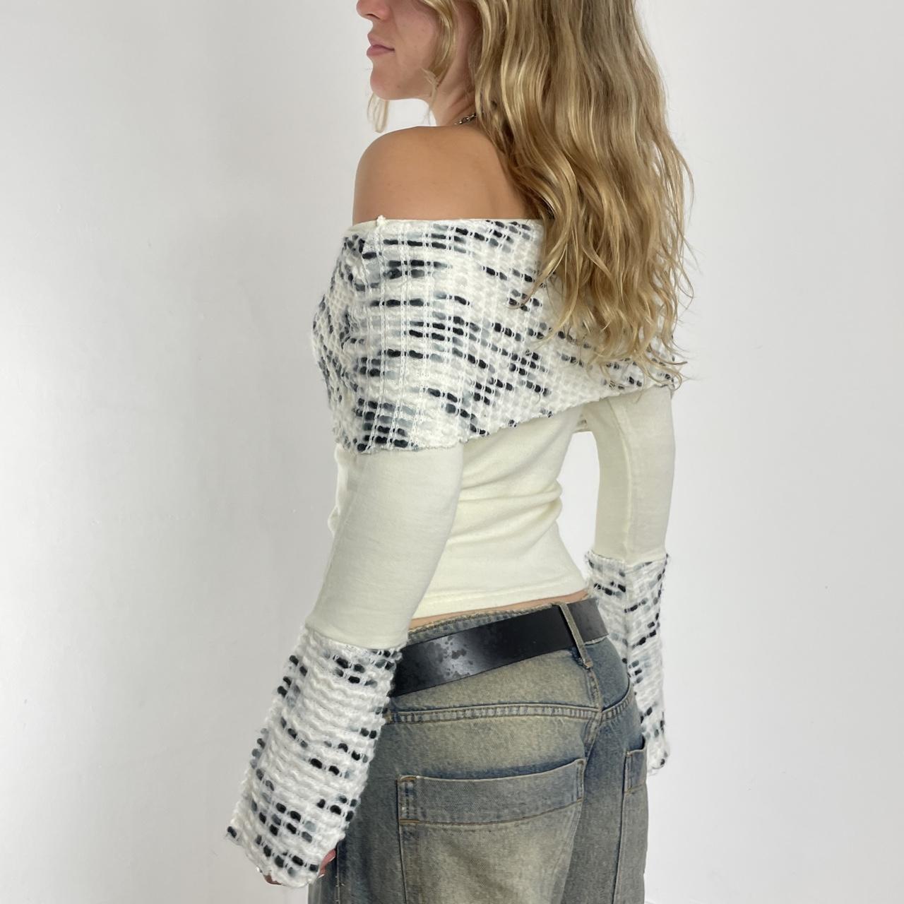 White and black vintage off-the-shoulder knit long-sleeve top