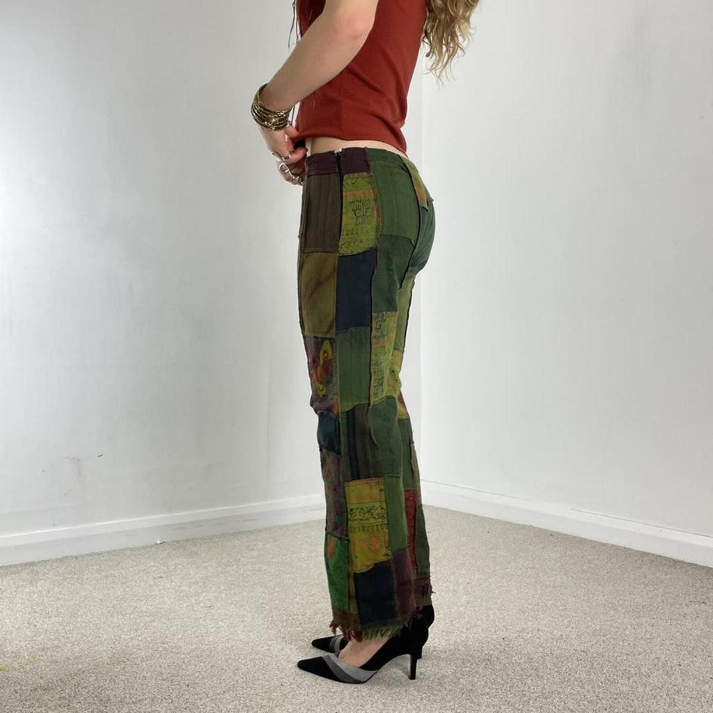 Patchwork low rise flared bohemian trousers