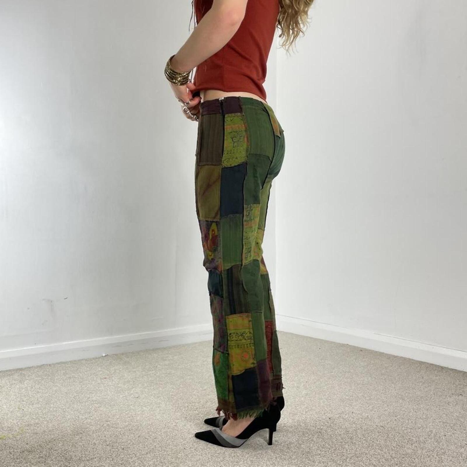 Patchwork low rise flared bohemian trousers