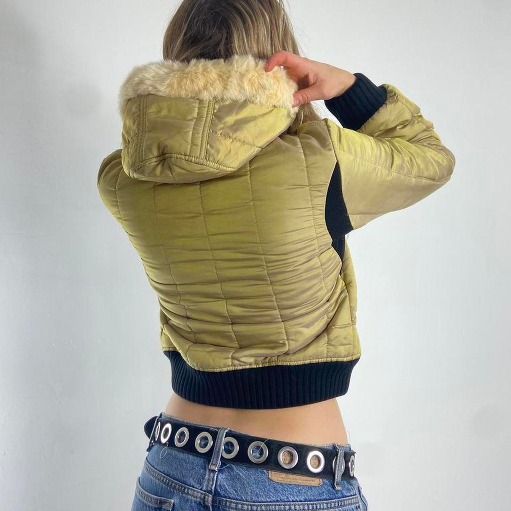 Vintage irradecant mustard cropped puffer jacket, hooded with thick black wasit band.