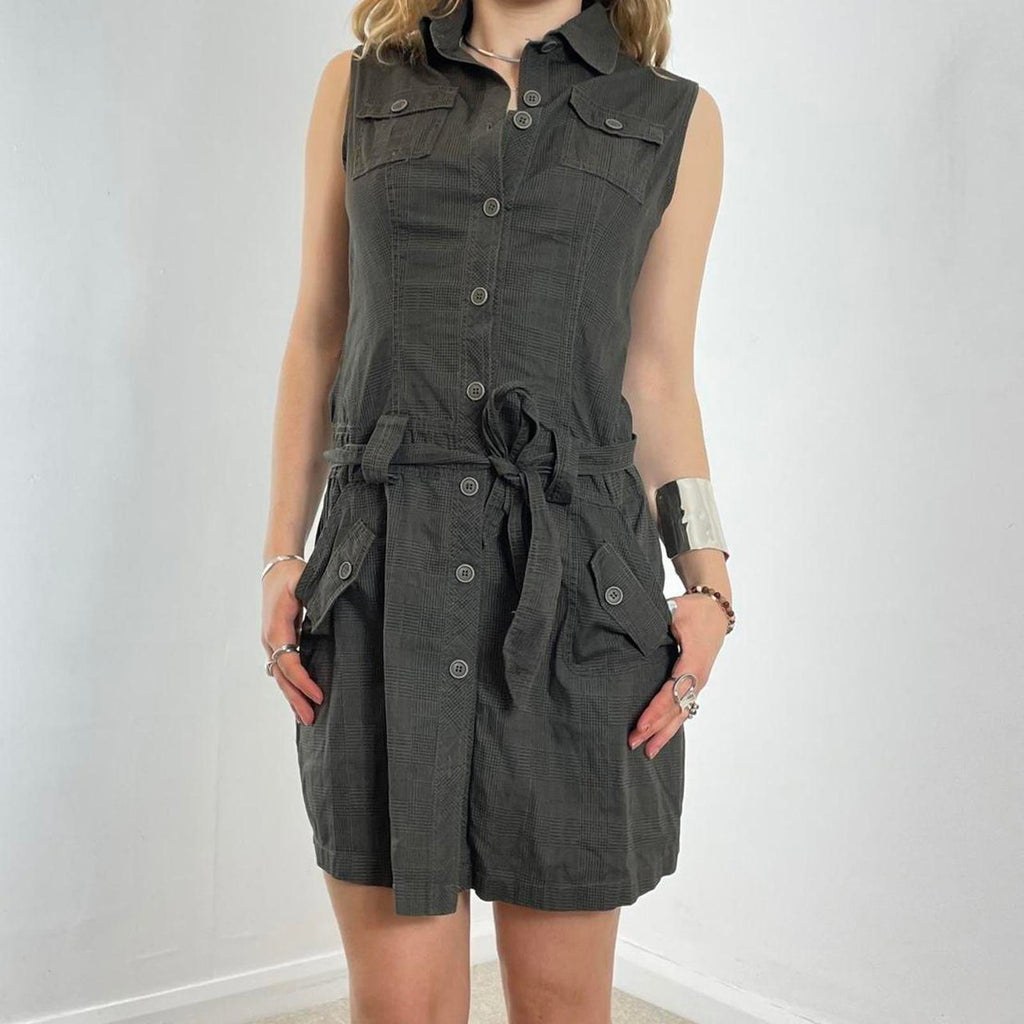 Gingham greenish/grey button up dress with a tie