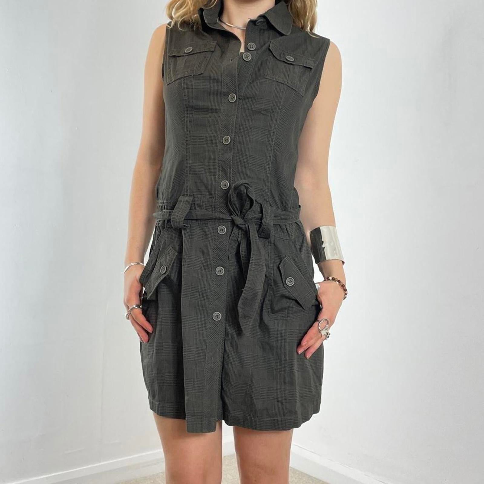 Gingham greenish/grey button up dress with a tie