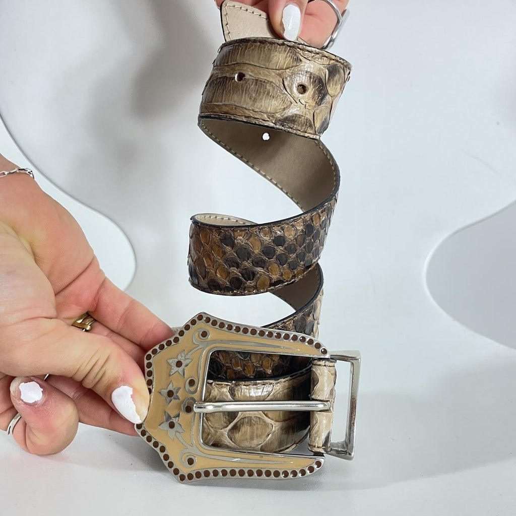 Snakeprint vintage brown leather belt with a cream buckle
