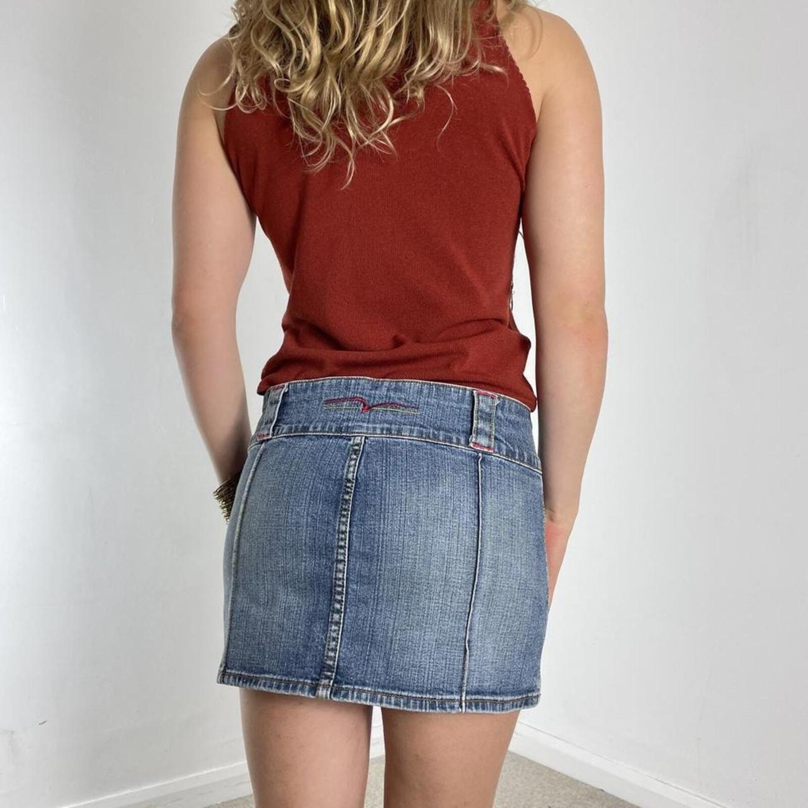 Y2K Denim low rise blue mini skirt with circlular silver buttons and contrast stitching