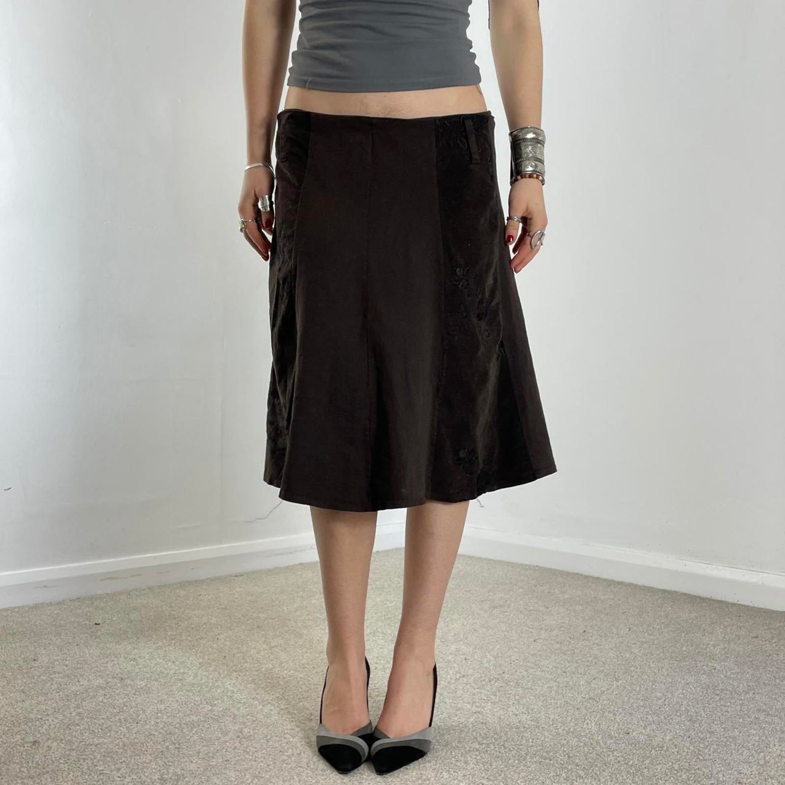 00's brown panelled floral embroided midi skirt