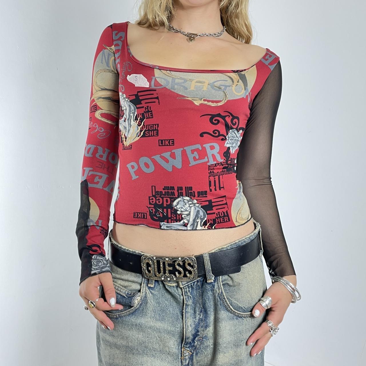 Graphic black and red long sleeve mesh top